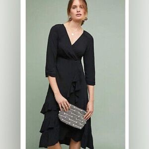 Anthropologie dress Maeve asymmetrical‎ tiered ruffle skirt faux Wrap mature 16